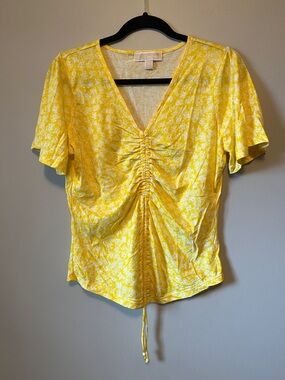 Michael Kors Yellow Ruched V-Neck Flutter Sleeve Top